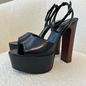 Saint Laurent Jodie Platform Heeled Sandals Black Leather & Wood Heel EU 36